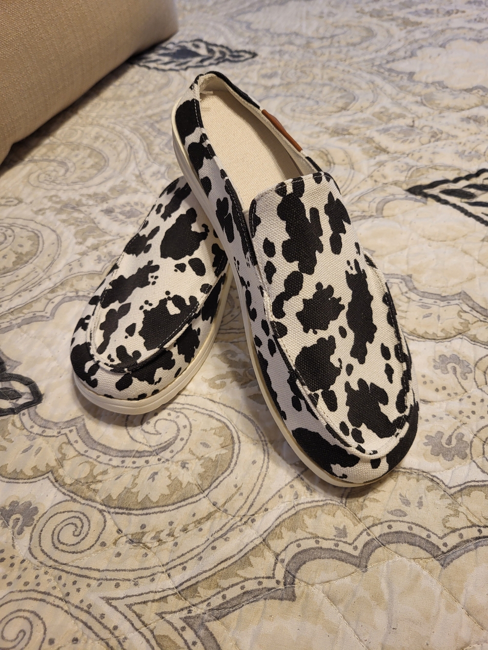 Canvas Slip-On Loafers in Black & White Cow Print